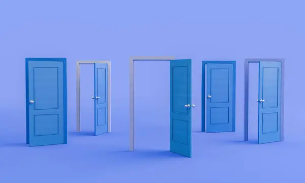 set of open and closed doors with blue tones on a studio background. 3d rendering