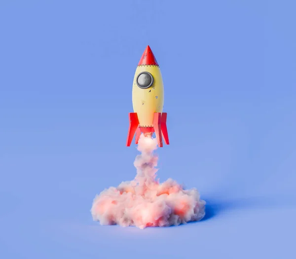 Toy rocket taking off with a trail of smoke and fire on a blue isolated background. 3d rendering