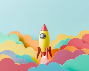 Oyuncak roket mavi arka planlı renkli düz bulutların içinden kalkıyor. Çizgi film tarzı. 3d oluşturma
