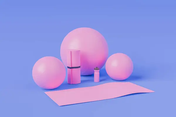 Pink yoga and home exercise equipment on a blue studio background. 3d rendering