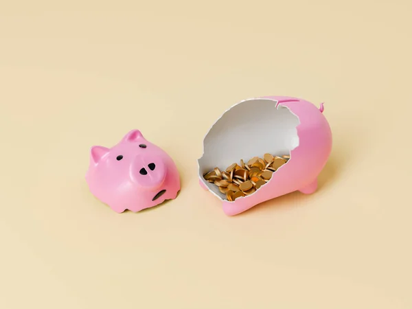 broken pink piggy bank with coins inside on a yellow background. 3d rendering