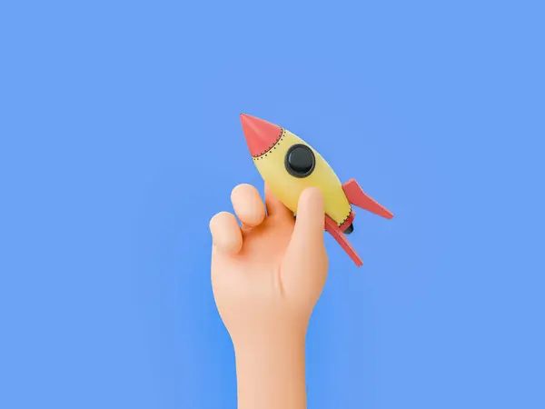 3d cartoon hand holding a toy rocket to launch it on a blue isolated background. 3d rendering