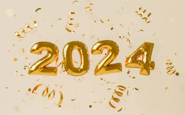 Ano Novo Dourado 2024 Balões Com Confete Redor Fundo Bege Fotografias De Stock Royalty-Free