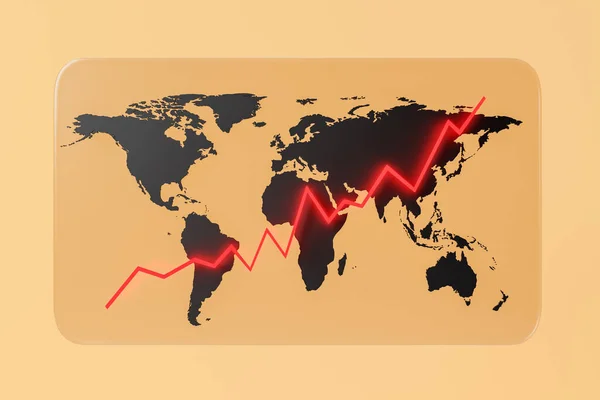 A striking red growth graph dynamically overlays a sleek black world map, illustrating global economic or business trends on a warm, gradient background. 3D rendering.