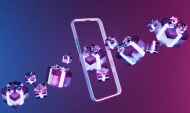 Neon kurdeleli hediye kutuları merkezi bir akıllı telefonun etrafında yüzerek dijital hediyelerin ve sanal pazartesiler gibi online anlaşmaların özünü yakalıyor. 3B Hazırlama.