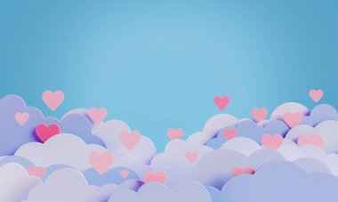 Pofuduk bulutların arasında durgun mavi bir arka planda duran kalp şekilleri. 3B Hazırlama.