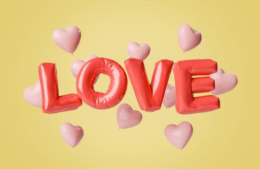 Kalp şeklinde balonlarla çevrili aşk mektubu balonları pastel sarı bir zemine çarpıyor. 3B Hazırlama.