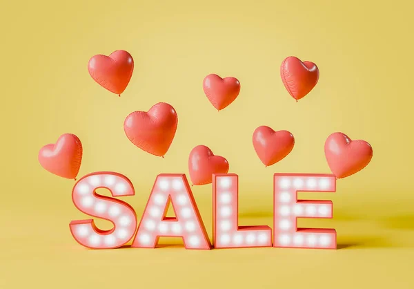 Red SALE marquee letters with floating heart balloons on a yellow background, perfect for promotions. 3D Rendering.