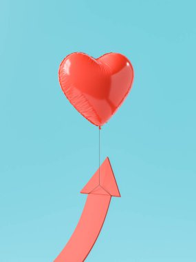 Kırmızı bir kalp balonu yükselen bir kağıda bağlanmış mavi bir arka planda yükselen aşkı ve özlemleri sembolize ediyor. 3B görüntüleme