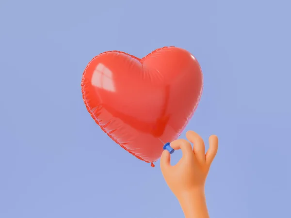 A cartoon-style hand with a pin about to pop a red heart-shaped balloon on a soft blue background, portraying anticipation. 3D rendering