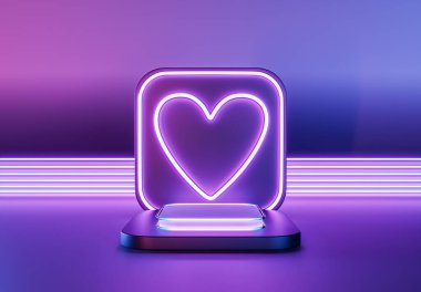 Mor ve mavi ışıklandırmalı, modern aşk sembollü bir kaidede gelecekçi neon kalp görüntüsü. 3d Hazırlama