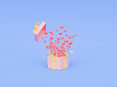 Sarı kurdeleli pembe bir hediye kutusunun 3 boyutlu görüntüsü, kapağı havada asılı, ve yumuşak mavi arka planda küçük kırmızı kalpler patlaması..