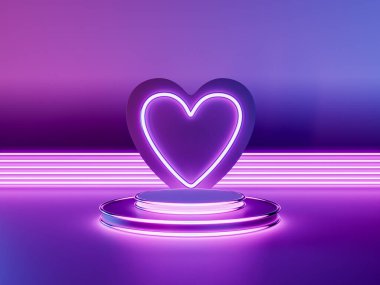 Pembe ve mor neon ışıklı yansıtıcı bir platformda parlayan neon bir kalbin 3 boyutlu yansıması romantik bir atmosfer yaratıyor..