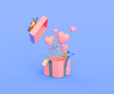 Kalp şeklinde balonlar ve altın konfetilerin patladığı açık pembe bir hediye kutusunun 3 boyutlu görüntüsü, dingin mavi bir arka plana kurulmuş, neşeli ve sevgi dolu bir kutlamayı resmediyor..