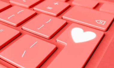 3D rendering of a conceptual keyboard with uniformly red keys and a standout glowing heart-shaped key, symbolizing love in the digital age on a monochrome red background. clipart