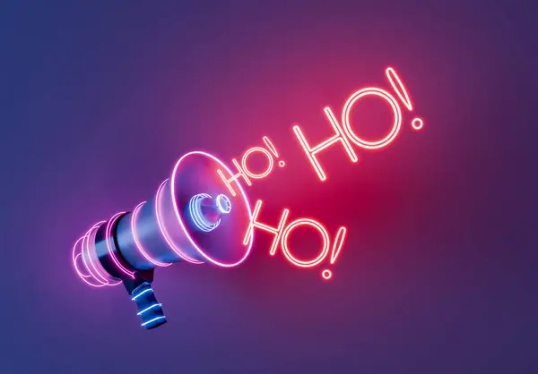 3D rendering of a neon-lit megaphone projecting the festive phrase Ho! Ho! Ho! in bright neon lights against a gradient purple background, symbolizing holiday cheer.
