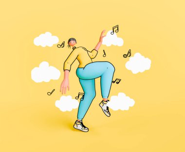 Beyaz bulutların arasında neşeli bir şekilde dans eden bir karikatür kadını ve sarı arka planda mutluluğu ve ritmi sembolize eden notalar..