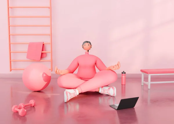 3d rendering of a cartoon woman in a meditative pose in a pink home gym with fitness equipment and a laptop.
