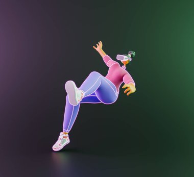 VR kulaklıklı, karanlık bir arka planda neon parıltısıyla çevrili bir karikatür kadın tasviri, büyüleyici teknolojiyi simgeliyor..