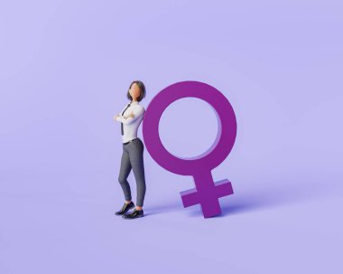 Stüdyonun mor arka planında, iş dünyasında kadınların güçlenmesini temsil eden, kendine güvenen, geniş bir kadın cinsiyet sembolünün yanında duran üç boyutlu bir iş kadını görüntüsü..