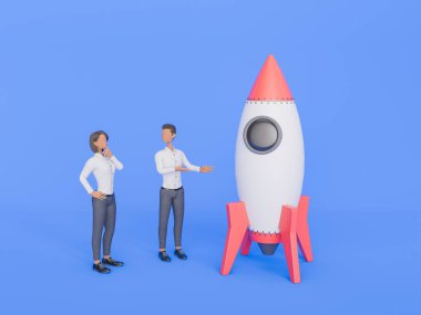 Düşünceli bir kadına roket modelini sunan stilize bir adamın 3D görüntüsü, bir iş konseptini ya da başlangıç sunumunu gösteren, mavi bir arkaplan üzerine kurulmuş.