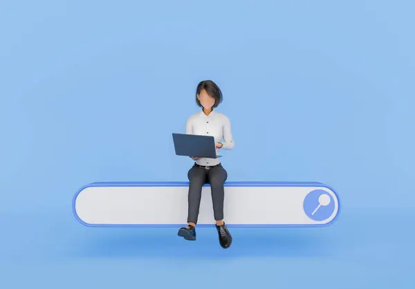 3D rendering of a stylized female figure sitting on a search bar icon and using a laptop on a blue background. online search, digital workflow and SEO concept.