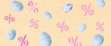 Soluk sarı arka planda pembe yüzdelik semboller arasında süzülen mavi ve pembe benekli Paskalya yumurtalarının üç boyutlu yorumlanması, bayram indirimini simgeliyor..