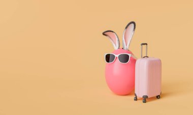 Pembe bir Paskalya yumurtasının 3 boyutlu görüntüsü tüylü tavşan kulakları ve güneş gözlükleriyle süslenmiş, sarı arka planda eşleşen pembe bir valizin yanında duruyor. Paskalya gezisi konsepti.