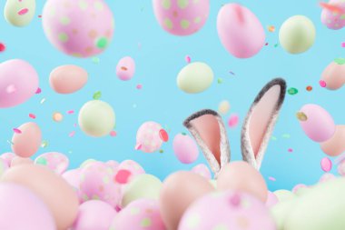 Kabarık tavşan kulakları sunan 3D rengarenk paskalya yumurtaları ve parlak mavi bir arka planda konfeti..