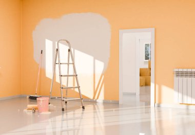 Tadilat sırasında turuncu duvarlı bir odanın 3 boyutlu görüntüsü, beyaz boyanmamış bir yama, bir merdiven, bir kova boya ve penceresinden güneş ışığı geçen bir silindir..