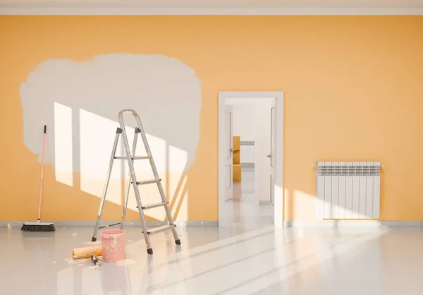 A 3D rendering of a Room being painted with a metal ladder, paint bucket, and roller against an orange wall with a unpainted white patch, bathed in warm sunlight.