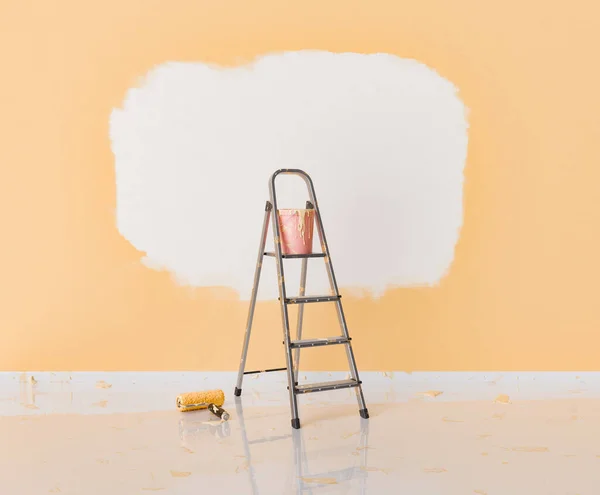 3D rendering of an Indoor home improvement scene with a partially painted wall with orange over white, a step ladder, and a paint roller with splatters on the floor. home renovation concept.