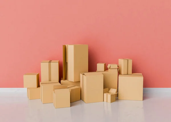 3d rendering of a collection of cardboard boxes of different sizes arranged in a room with a pink wall and a glossy floor. Moving day or delivery concept.