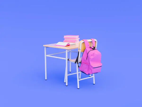 3D rendering of a pink backpack hanging on a chair with stacks of books on a desk, on a blue background, Concept of a study environment.