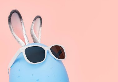 A 3d rendering of a blue Easter egg adorned with fluffy bunny ears and stylish white sunglasses, set against a soft pink backdrop for a festive and playful mood.