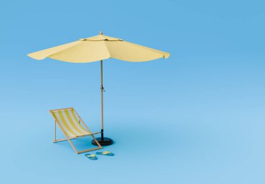 Sarı çizgili bir plaj sandalyesi ve mavi stüdyo arka planında parmak arası terlik olan büyük bir şemsiye. Kumsalda sakin vakit geçirme kavramı..