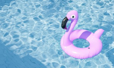 3 boyutlu canlı pembe flamingo havuzu, berrak mavi bir yüzme havuzunun dalgalanan sularında yüzüyor yaz tatili ve dinlenme kavramı..