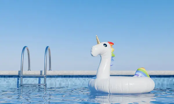 3D rendering of a unicorn float in a pool with clear blue sky, summer concept.