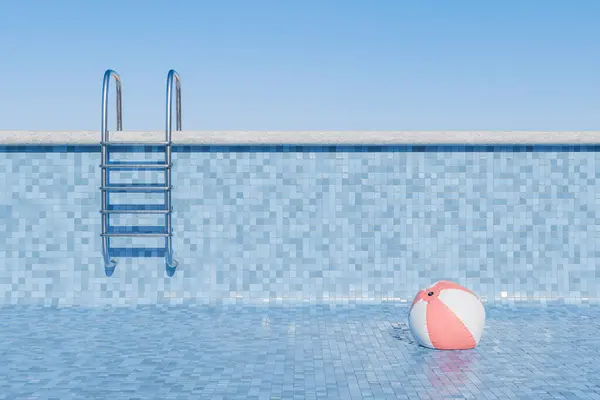 3D rendering of a beach ball near a pool ladder in an empty pool, concept of summer arrival and leisure.