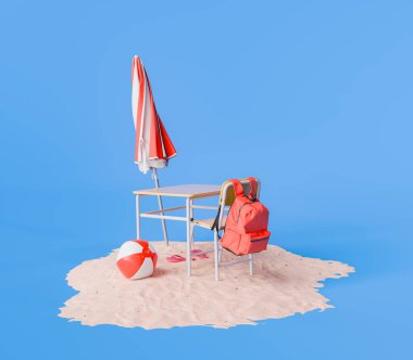 Kapalı şemsiyeli bir sandalyede kırmızı bir sırt çantası, kumlu bir yüzey üzerinde plaj topu ve sandaletler, yaz eğitim konsepti..