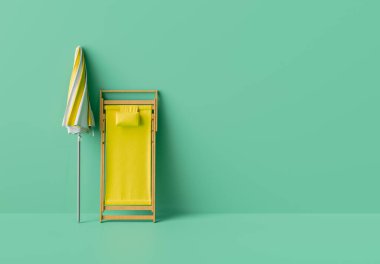 Katlanmış çizgili şemsiyenin yanında 3 boyutlu sarı bir iskemle resmi, nane yeşili arka planda geniş bir kopya alanı ile sunuluyor, minimalist yaz konsepti.