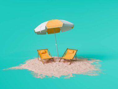 Beyaz ve sarı bir şemsiye altında, turkuaz bir arka planda, kum yığınının üzerinde iki ahşap güneş şezlongunun üç boyutlu görüntüsü. Rahatlatıcı yaz konsepti.