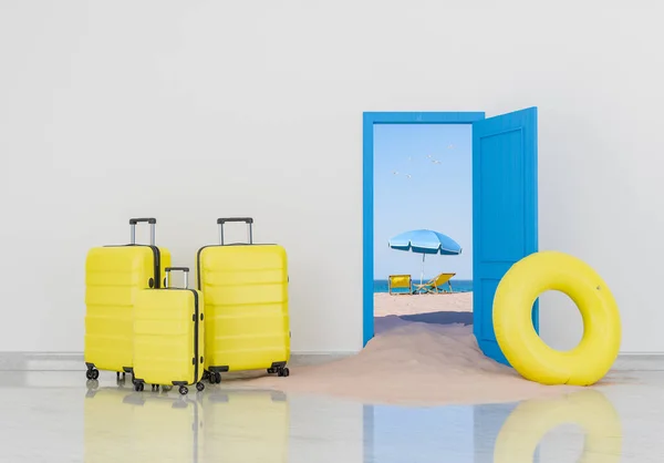 3d rendering of yellow suitcases and a bright yellow float next to an open blue door leading to a sandy beach with an umbrella, chair, and palm trees, vacation and travel concept.