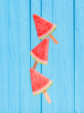 Üç boyutlu karpuz dondurması, ahşap desenli arkaplan, taze ve eğlenceli yaz ziyafeti konsepti..