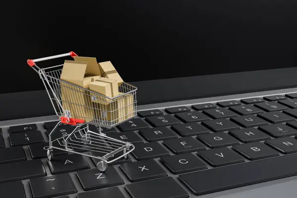 3d rendering of a shopping cart filled with cardboard boxes on a black computer keyboard. Concepts of online shopping integration and logistics.