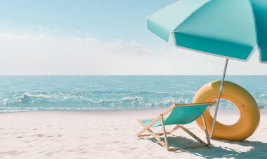 Turkuaz bir iskemle ve sakin mavi denize bakan el değmemiş kumlu bir kumsalda canlı sarı bir yüzme halkası olan uyumlu bir şemsiye. Yaz konsepti.