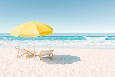 Parlak sarı güneş şemsiyesi ve tahta şezlonglar ile turkuaz okyanus dalgalarına bakan 3 boyutlu sakin bir kumsal görüntüsü. Tatil kavramı.