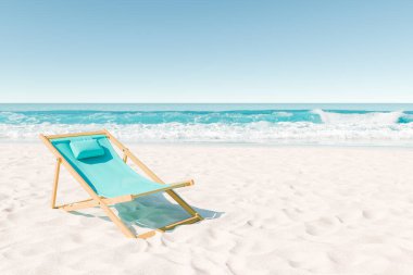 Arkasında canlı okyanus dalgaları olan beyaz kumlu bir plajda tek bir su renginde plaj sandalyesinin üç boyutlu görüntüsü. Barışçıl tatil konsepti.