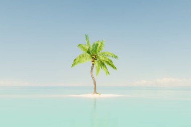 Net bir gökyüzünün altında geniş sakin bir turkuaz okyanusla çevrili küçük kumlu bir adada hindistan cevizli yalnız bir palmiye ağacının 3 boyutlu görüntüsü. Tropik kaçış konsepti.
