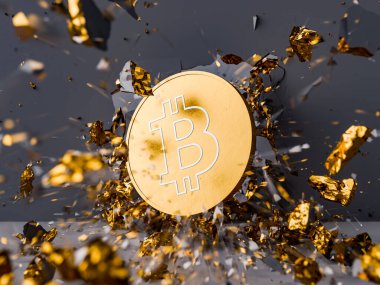Altın Bitcoin 'in 3 boyutlu yorumlanması, kripto para madenciliğinin finans dünyasındaki buluşunu ve etkisini simgeleyen bir duvarı zorla aşıyor..